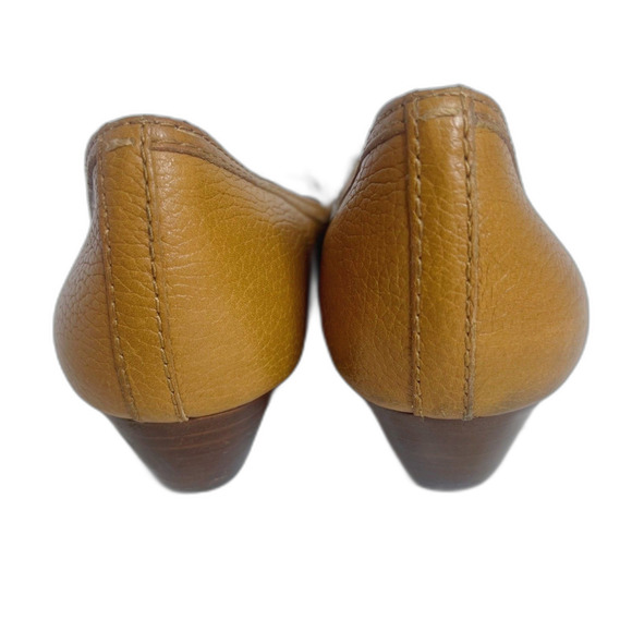 Tory Burch Leticia Peep Toe Wedges Tan Leather Brown Logo Medallion Size 9 - Picture 4 of 11